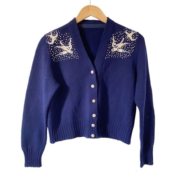Vintage 50s Cardigan Sweater Cropped Knit Swallow Bird Pearl - Main Image